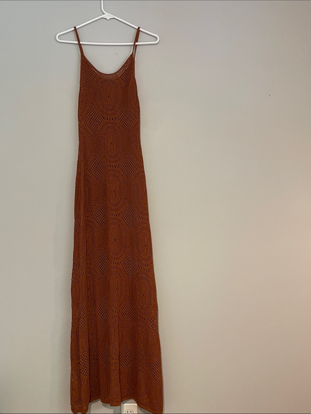 Mango Rust Crochet Maxi Dress with Spaghetti Straps
